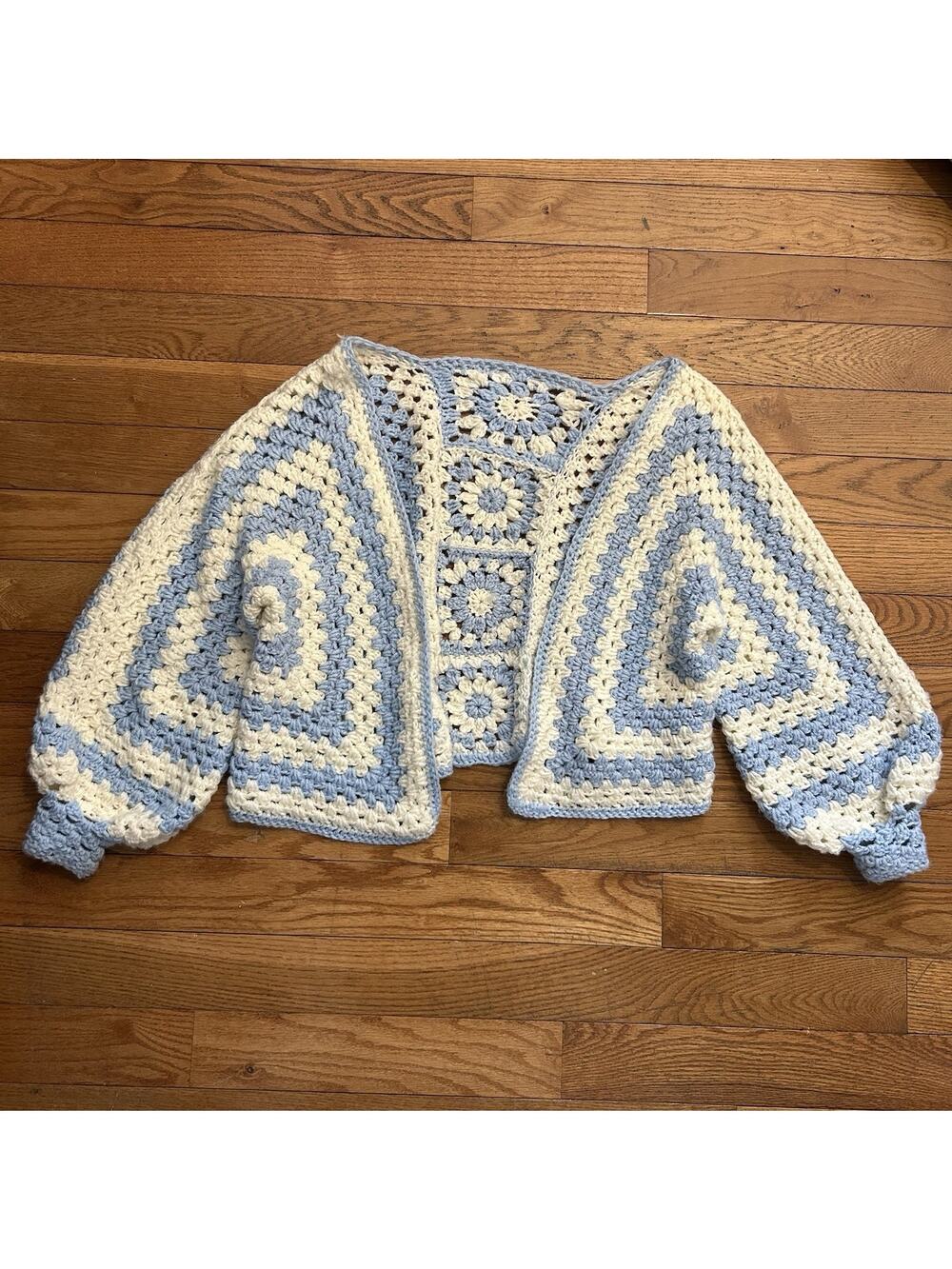 Vintage Handknit Blanket Cardigan Sweater Open Face Floral Striped Medium